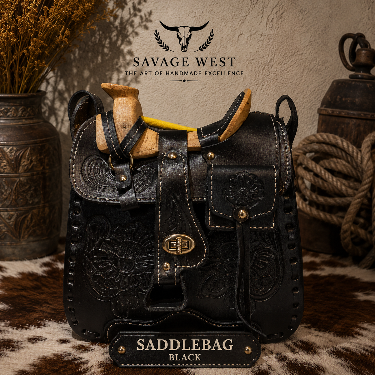 Hand-tooled genuine leather saddlebag crossbody bag in black with floral tooling, perimeter lacing, and gold turn-lock closure - western cowhide handbag