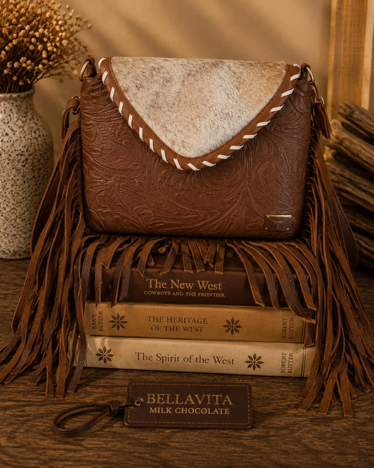 Bella Vita hand-tooled leather fringe shoulder bag in milk chocolate brown with cowhide flap, whipstitching, cascading fringe, and brass badge - western crossbody handbag