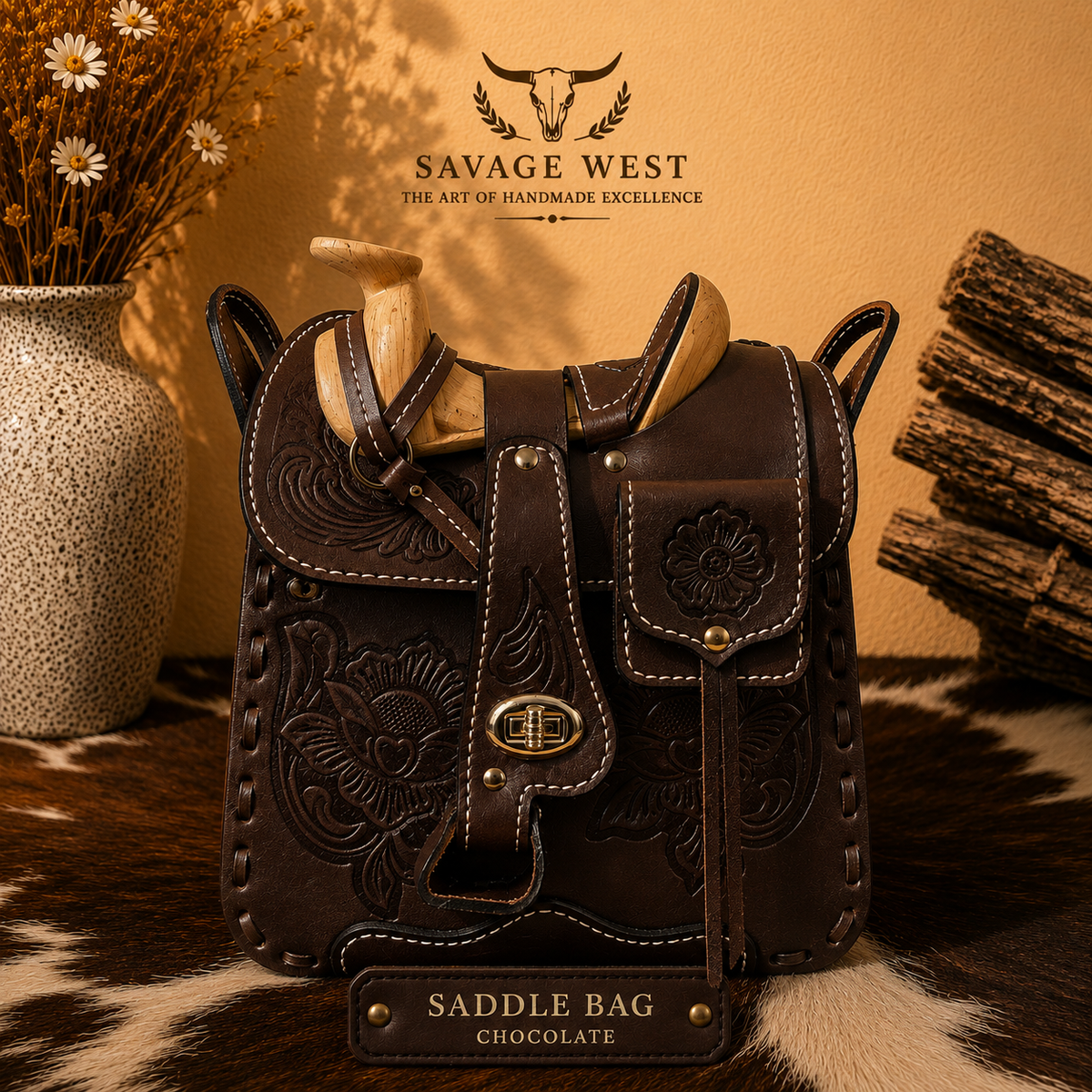 Hand-tooled genuine leather saddlebag crossbody bag in chocolate brown with floral tooling, wooden saddle horn, and gold turn-lock closure - western cowhide handbag