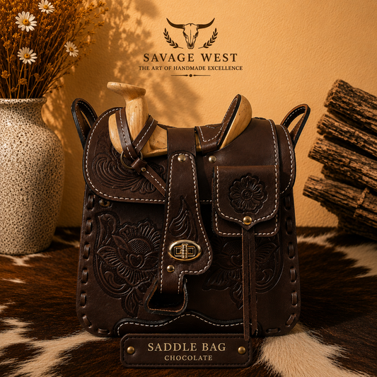 Hand-tooled genuine leather saddlebag crossbody bag in chocolate brown with floral tooling, wooden saddle horn, and gold turn-lock closure - western cowhide handbag