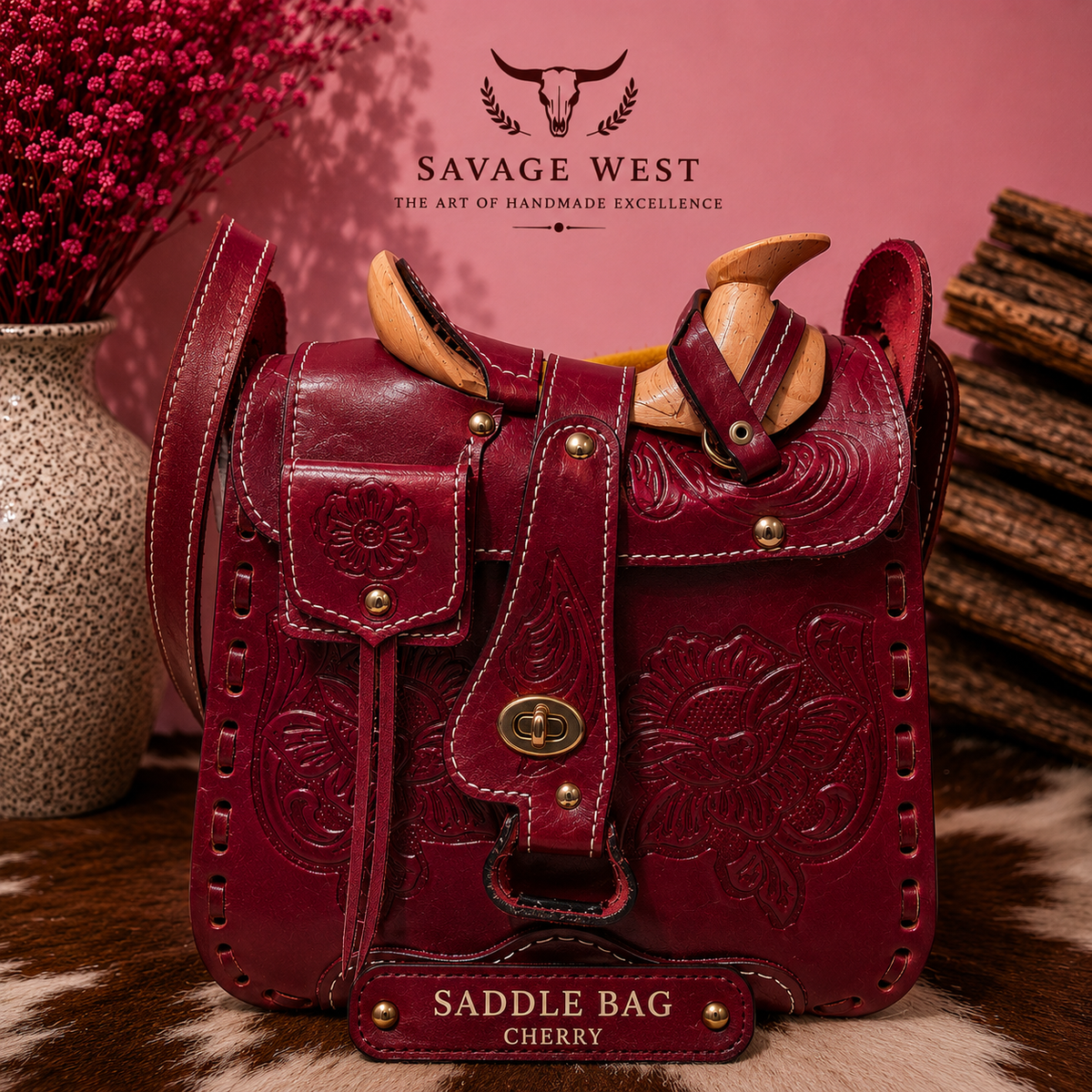 Hand-tooled genuine leather saddlebag crossbody bag in cherry red with floral tooling, wooden horn and cantle, and brass turn-lock - western cowhide handbag
