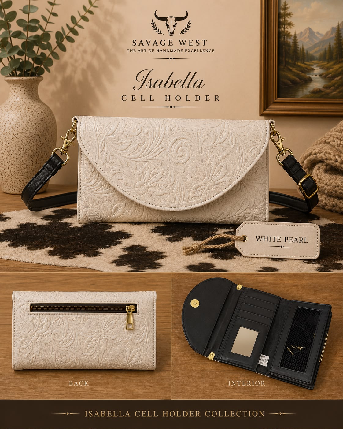 Isabella tooled leather phone wallet crossbody in white pearl - multi-view showing tooled front, back zip pocket, and interior card slots