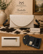 Isabella tooled leather phone wallet crossbody in white pearl - multi-view showing tooled front, back zip pocket, and interior card slots