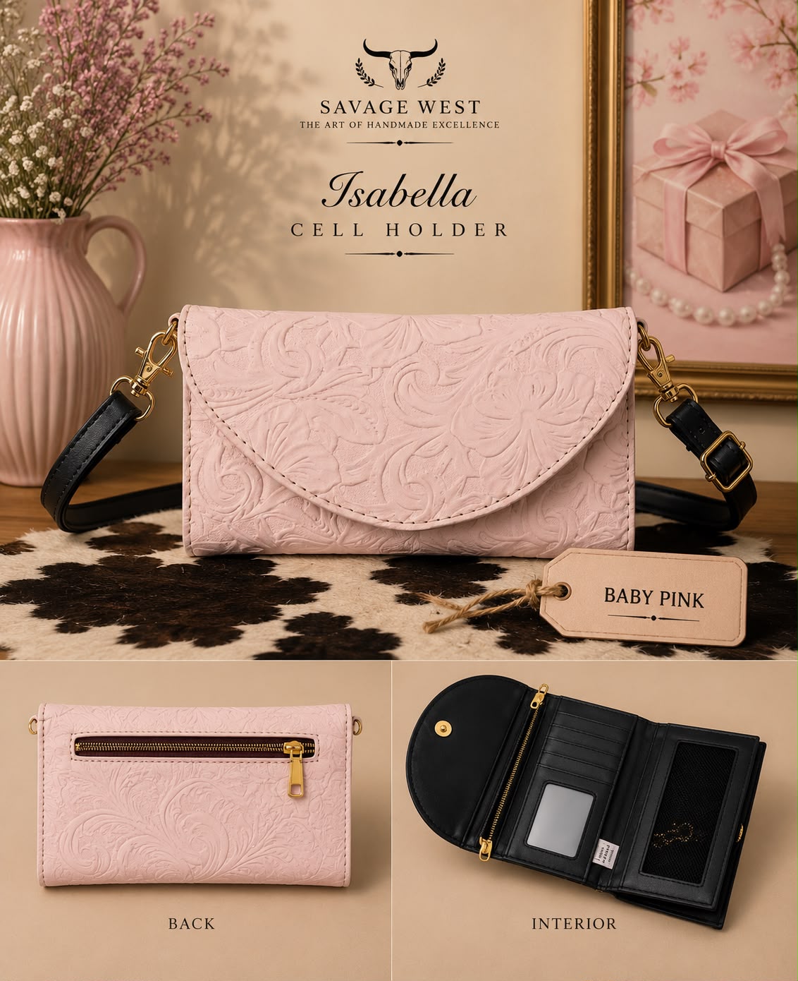 Isabella tooled leather phone wallet crossbody in baby pink - multi-view showing tooled front, back zip pocket, and interior card slots