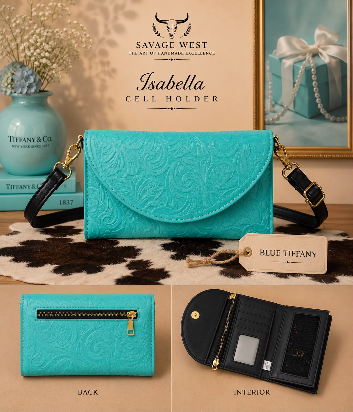 Isabella tooled leather phone wallet crossbody in Tiffany blue - multi-view showing tooled front, back zip pocket, and interior card slots