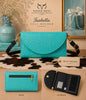 Isabella tooled leather phone wallet crossbody in Tiffany blue - multi-view showing tooled front, back zip pocket, and interior card slots