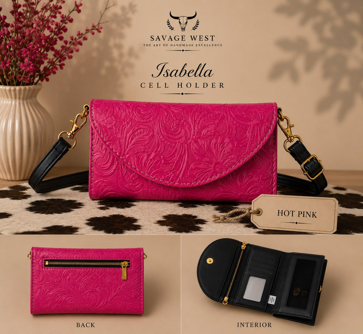 Isabella tooled leather phone wallet crossbody in hot pink - multi-view showing tooled front, back zip pocket, and interior card slots