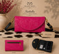 Isabella tooled leather phone wallet crossbody in hot pink - multi-view showing tooled front, back zip pocket, and interior card slots