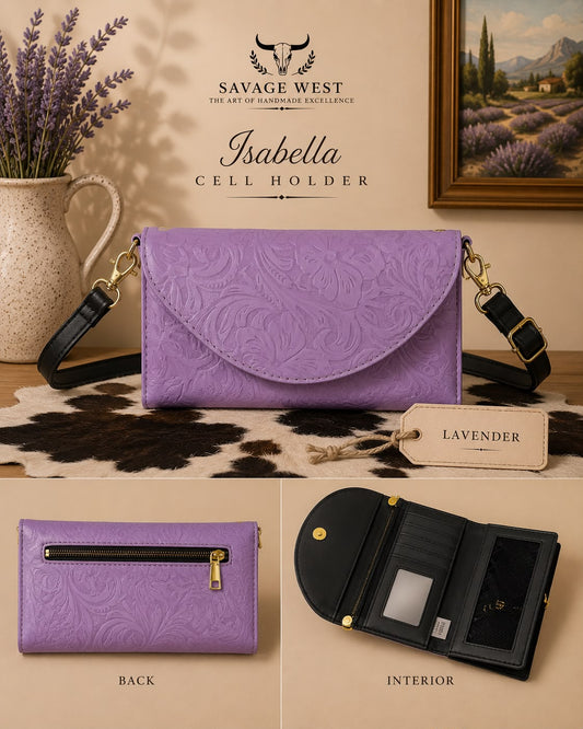 Isabella tooled leather phone wallet crossbody in lavender - multi-view showing tooled front, back zip pocket, and interior card slots with mirror