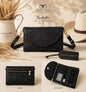 Isabella tooled leather phone wallet crossbody in black shadow - multi-view showing tooled front, back zip pocket, and interior card slots