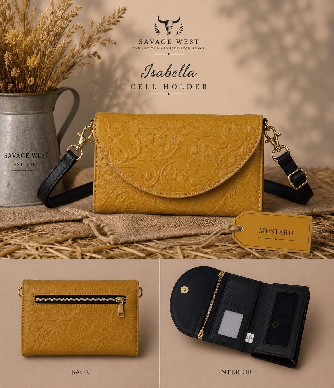 Isabella tooled leather phone wallet crossbody in mustard - multi-view showing tooled front, back zip pocket, and interior card slots