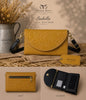 Isabella tooled leather phone wallet crossbody in mustard - multi-view showing tooled front, back zip pocket, and interior card slots