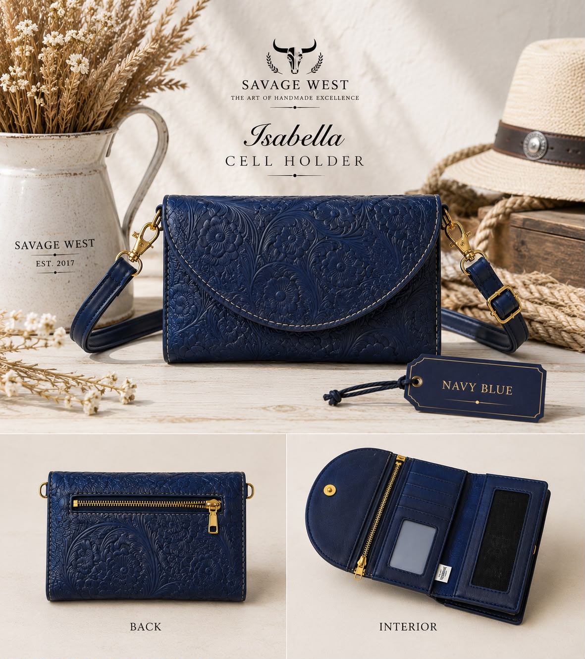 Isabella tooled leather phone wallet crossbody in navy blue - multi-view showing tooled front, back zip pocket, and interior card slots