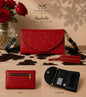 Isabella tooled leather phone wallet crossbody in red passion - multi-view showing tooled front, back zip pocket, and interior card slots