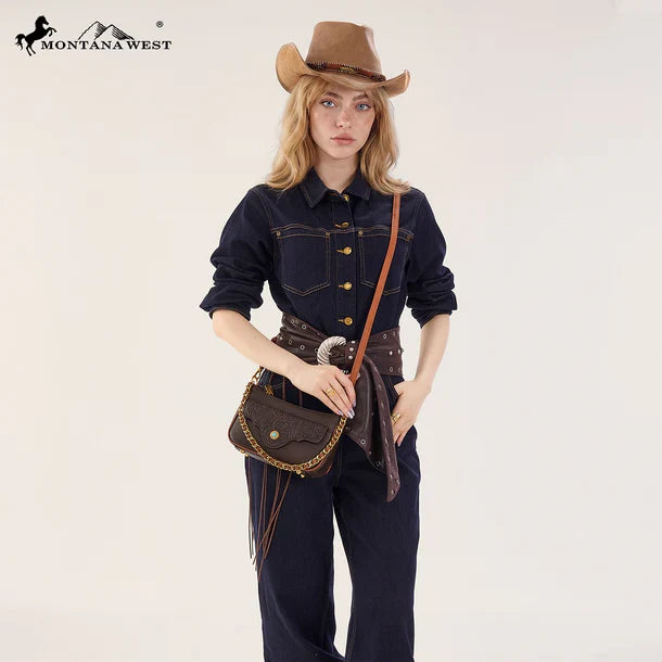 Montana West Tooled Floral Chain Shoulder Crossbody Bag