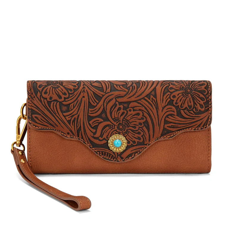 Montana West Floral Tooled Wallet with Turquoise Concho Accent