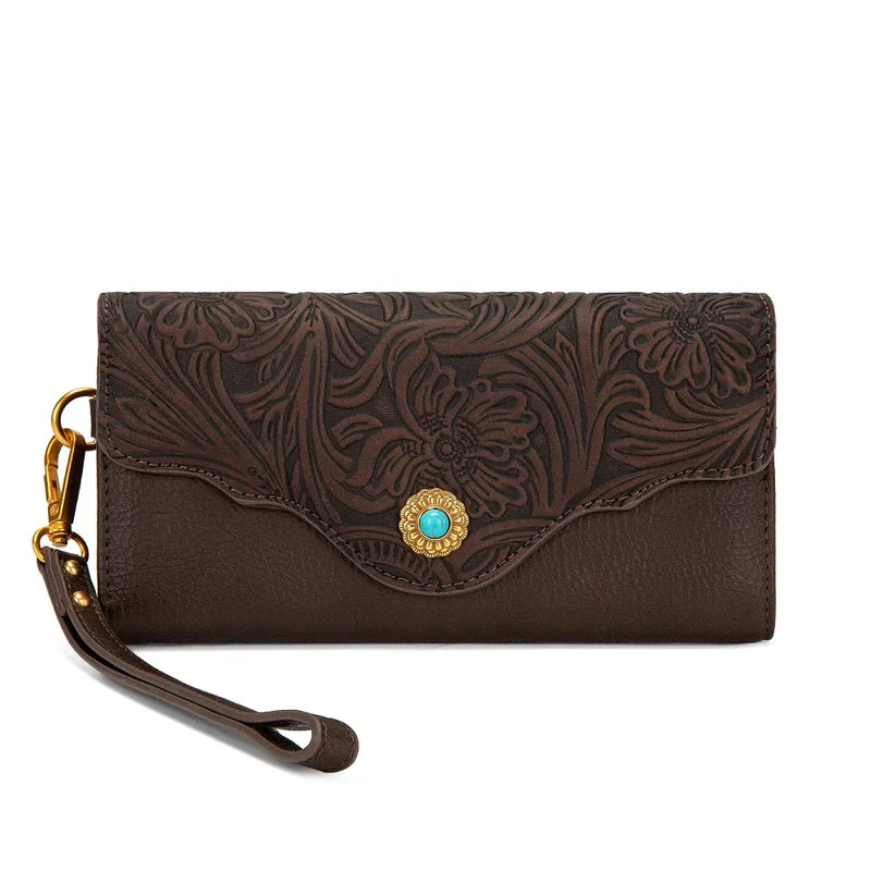 Montana West Floral Tooled Wallet with Turquoise Concho Accent