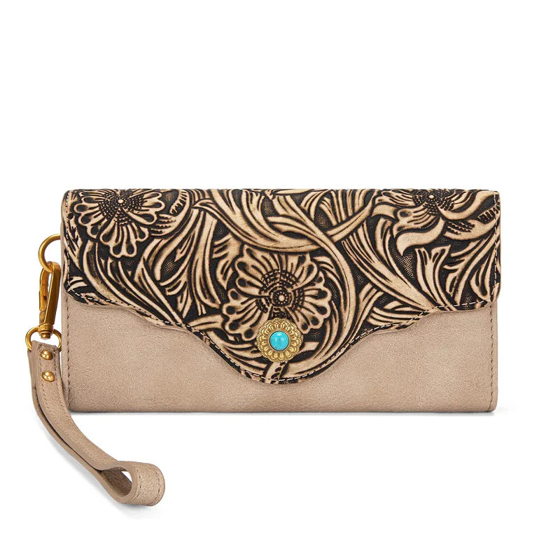 Montana West Floral Tooled Wallet with Turquoise Concho Accent