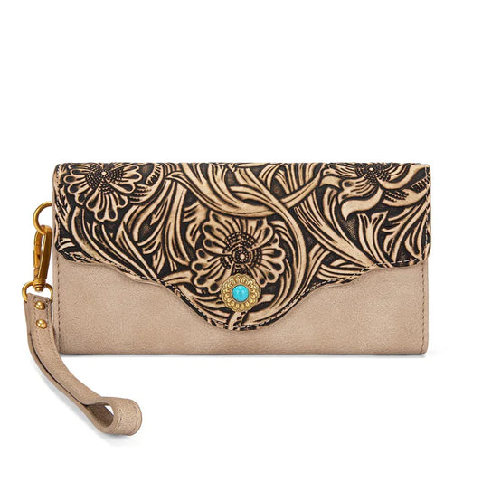 Montana West Floral Tooled Wallet with Turquoise Concho Accent