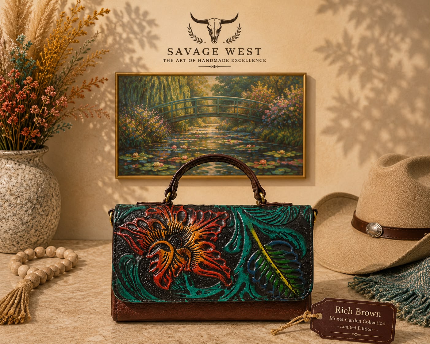 Savage Monet Garden Collection – Hand-Painted Leather Handbag