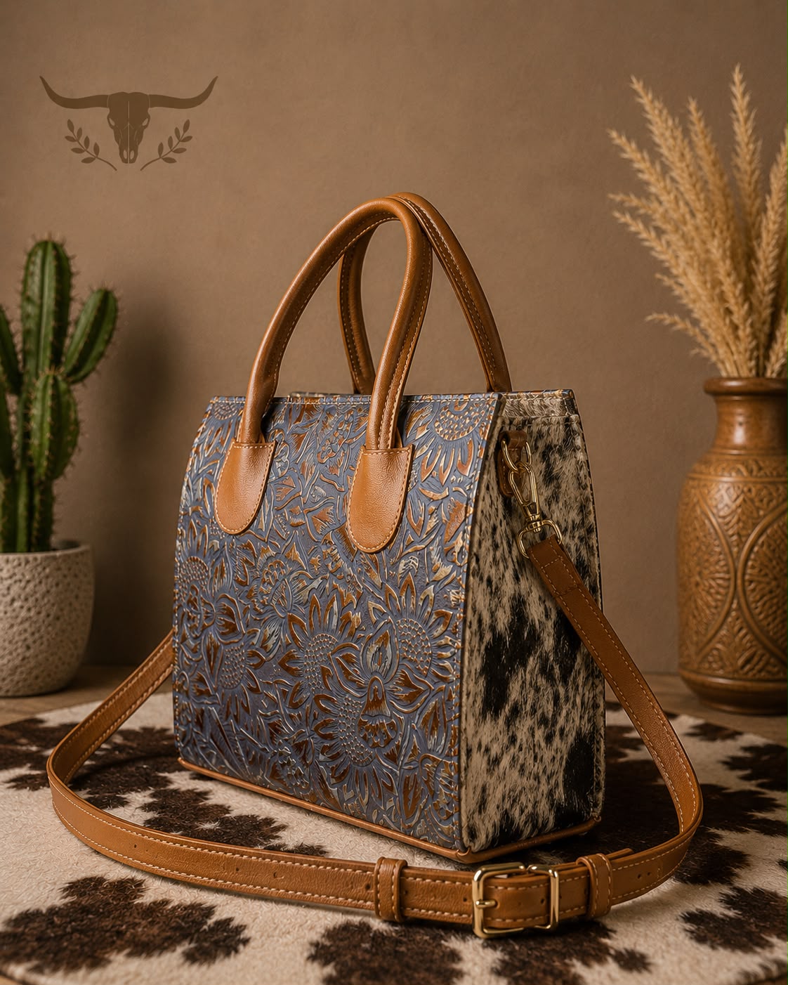 The Queen Bag back view - blue hand-tooled floral leather with cowhide side and crossbody strap